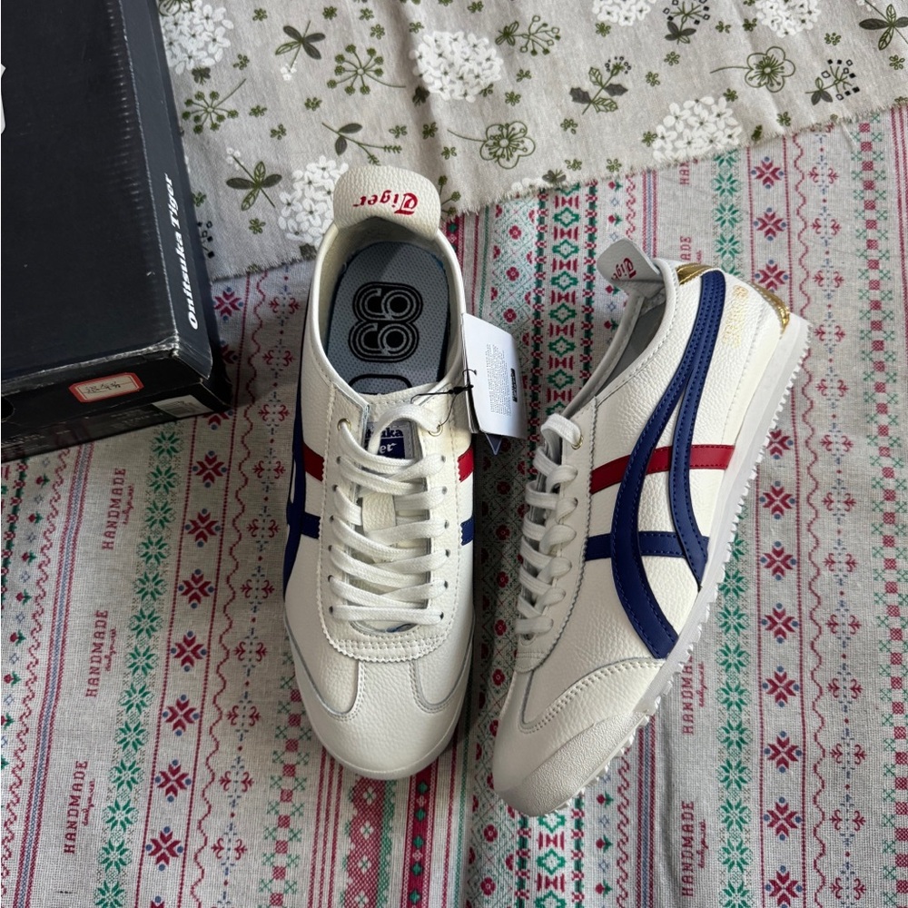 Onitsuka Tiger by Asics Cream Sneakers with Blue & Red Stripes